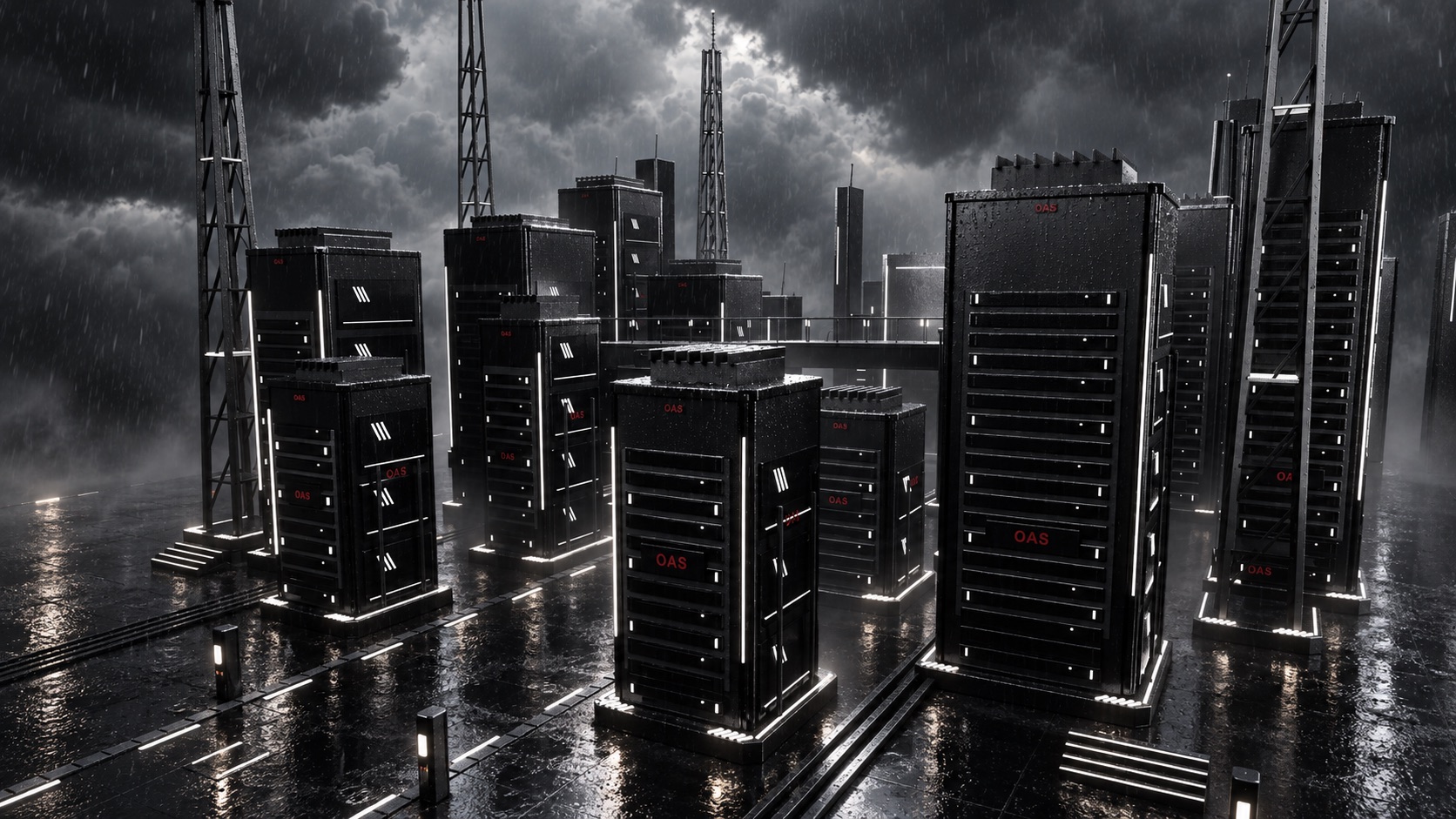 OAS warehouse in a dark, rain-soaked machine landscape